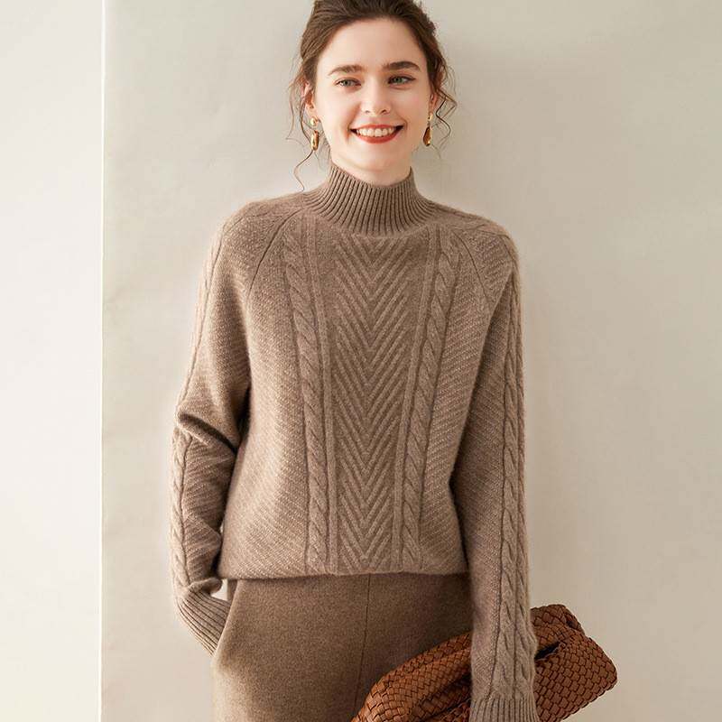 柔软山羊绒女士半高领插肩麻花百搭休闲针织衫秋冬新款内搭打底衫