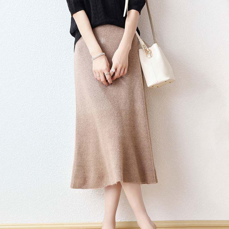 秋冬新款美丽诺绵羊毛女士鱼尾半身裙中长款高腰显瘦针织衫包臀裙
