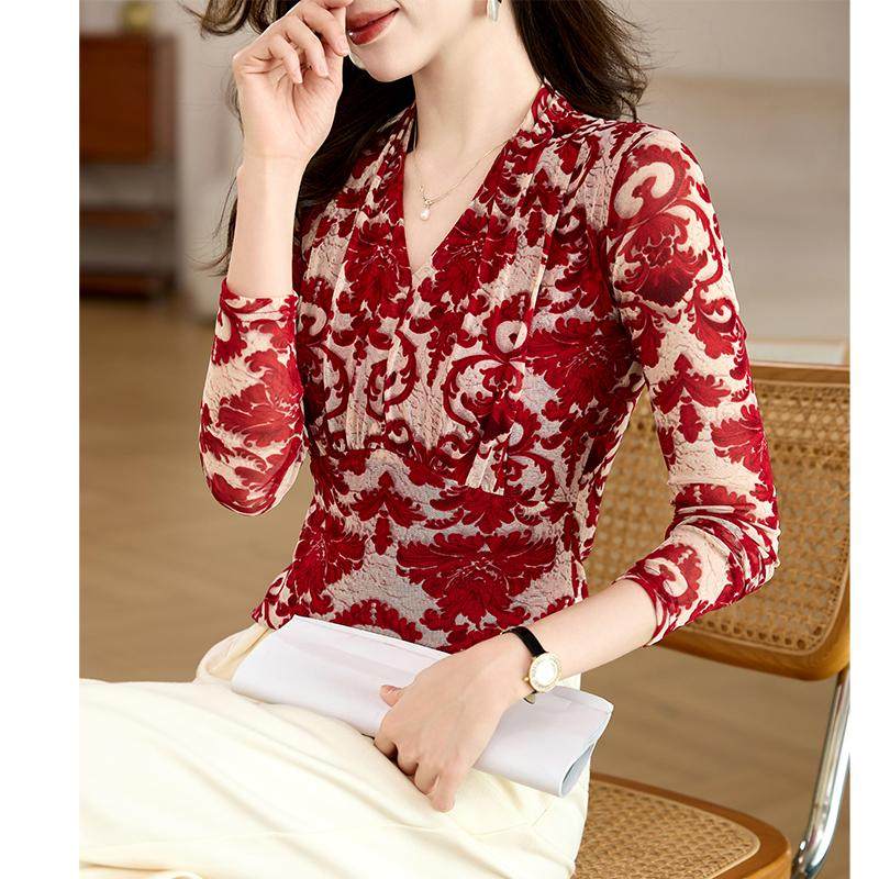 加绒加厚秋冬2025新款印花网纱长袖内搭打底衫女时尚洋气V领小衫,女装/女士精品,T恤,淘宝优惠券,粉丝福利购,淘宝优惠卷