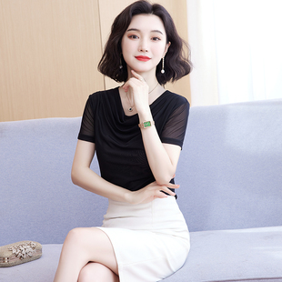 宽松网纱T恤女遮肚子洋气上档次上衣潮 夏季 黑色短袖 2025新款 薄款