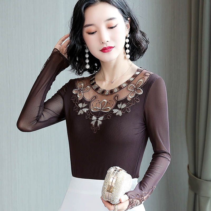 蕾丝打底衫女长袖2020新款秋装气质显瘦镂空网纱上衣百搭大码小衫