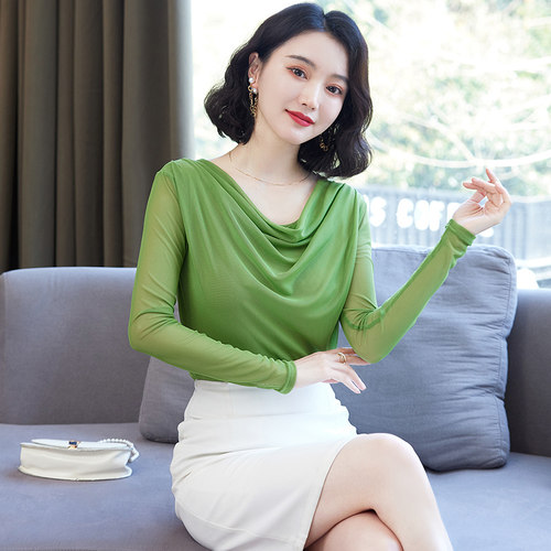长袖气质薄款堆堆领网纱女T恤