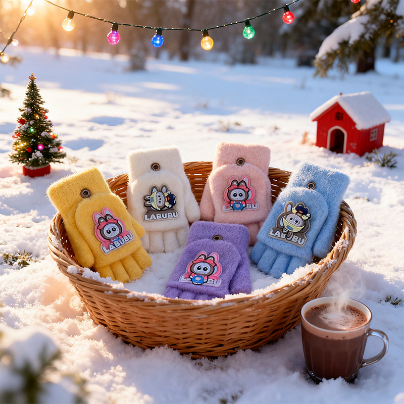 儿童拉布4-10岁冬季半指翻盖手套