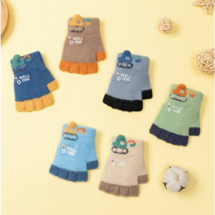 儿童宝宝手套3-5岁冬季男女童保暖挖掘机卡通半指可爱写字针织