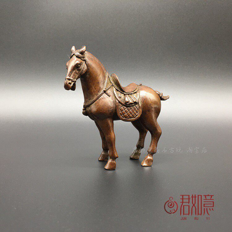 实心铜小唐马摆件复古包浆站立骏马带马鞍马驹小铜马把件战马茶宠