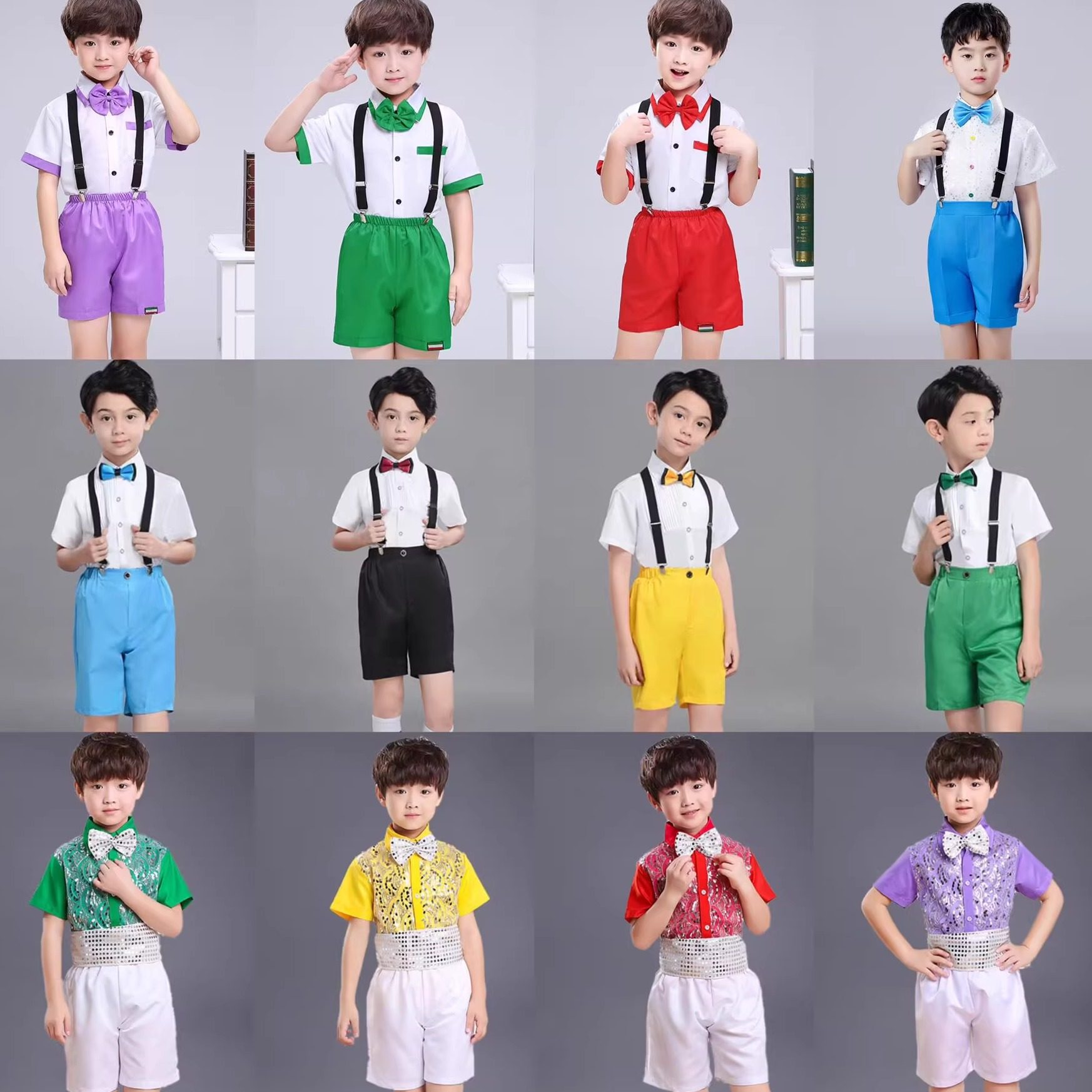 儿童合唱演出服夏男孩中小学生亮片舞蹈幼儿园背带裤六一表演服装