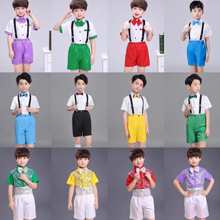 儿童合唱演出服夏男孩中小学生亮片舞蹈幼儿园背带裤六一表演服装