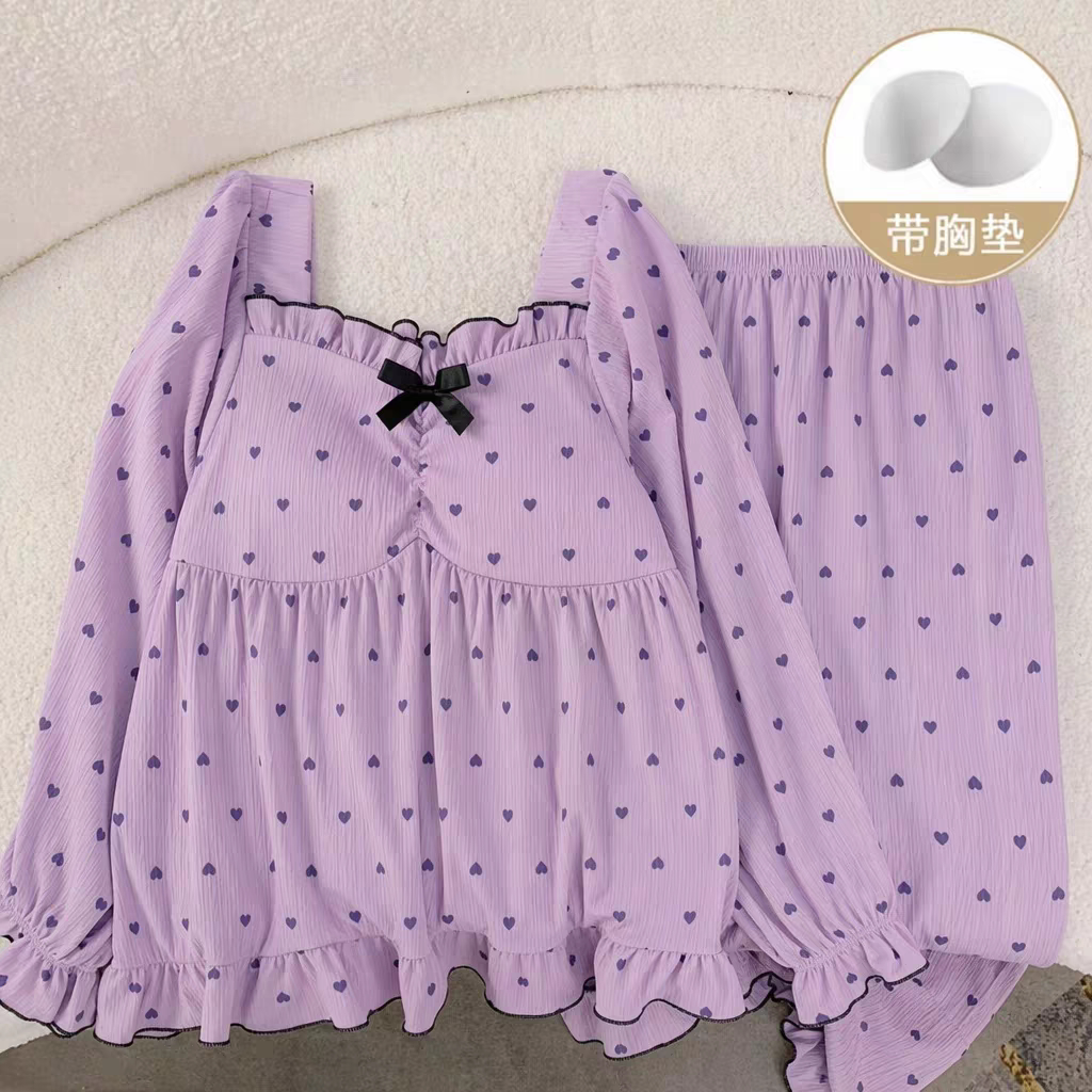 春秋两件套云朵棉睡衣女带胸垫甜睡衣/家居服套装