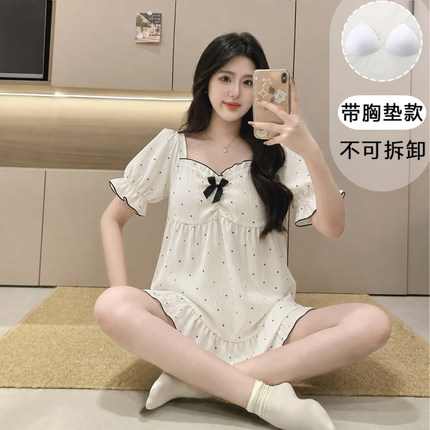 带胸垫睡衣女夏季短袖短裤云朵棉舒适家居服休闲两件套装可外穿