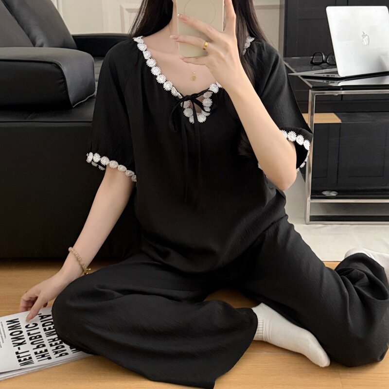 夏季睡衣女短袖长裤花边休闲洋气云朵棉家居服套装小众女士黑色