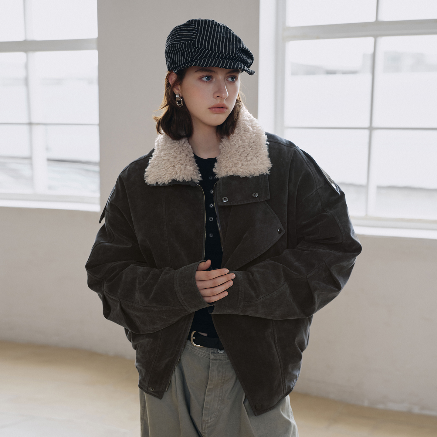 PSO Brand女装【两件套】复古可拆卸毛绒领羽绒夹克保暖女士外套