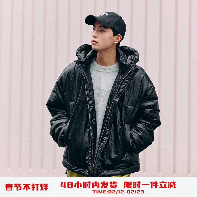 PSO Brand男装女装黑色仿皮微皱纹路可拆卸帽宽松棉服女款外套冬