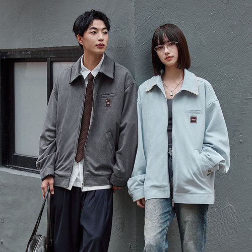 PSO Brand男装女装磨毛感仿麂皮绒刺绣翻领休闲拉链夹克外套高街