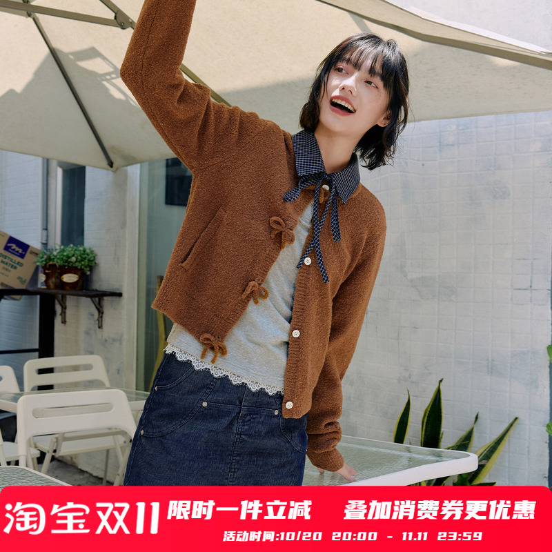 PSO Brand女装【含羊毛】MIU系蝴蝶结长袖针织开衫毛衣保暖百搭秋