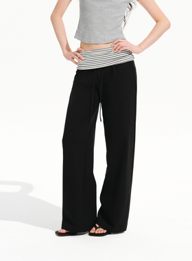 PSO Brand女装条纹翻折腰头直筒修身黑色卫裤女款显瘦休闲裤春季