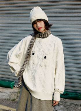 PSO Brand男装女装仿兔绒可爱小狗圆领白色毛衣外套宽松针织衫