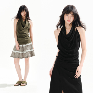 假两件荡领黑色挂脖上衣设计感收腰工字背心女夏季 PSO Brand女装