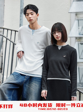 PSO Brand男装女装假两件撞色刺绣白色打底女内搭宽松长袖T恤上衣