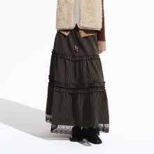 PSO Brand女装复古蕾丝休闲显瘦格子半身裙中长款A字长裙棕色裙子