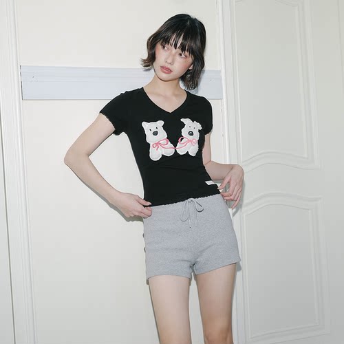 周深同款PSO Brand女装【假两件蕾丝款】可爱小狗V领短袖T恤夏季