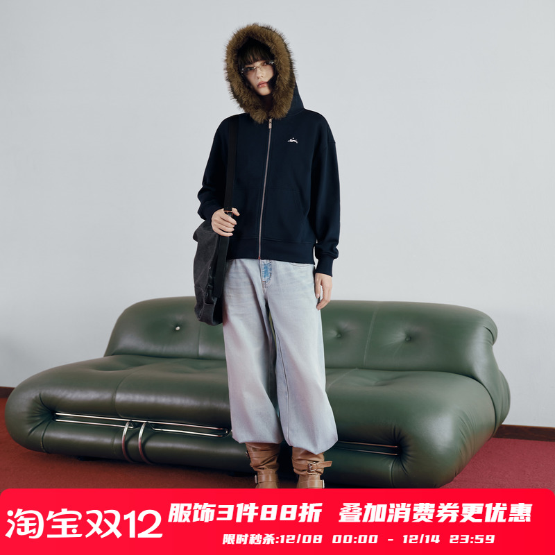 PSO Brand 女装星星小狗可拆卸毛领刺绣连帽开衫女士卫衣外套秋季