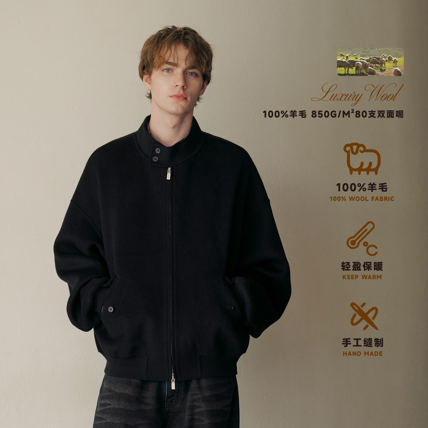 PSO Brand男装女装纯羊毛灰色双面毛呢外套立领保暖男士夹克秋冬