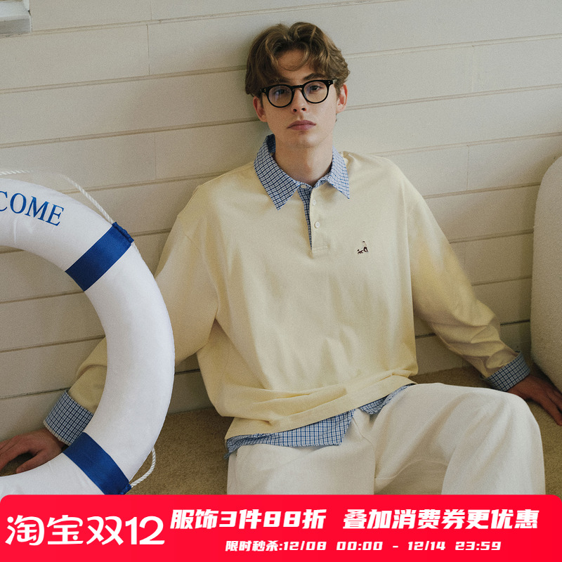 PSO Brand男装女装学院风假两件针织polo衫修身长袖T恤上衣情侣装