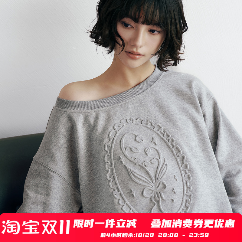 PSO Brand 女装一字肩立体压花灰色上衣宽松套头卫衣外套潮牌秋冬