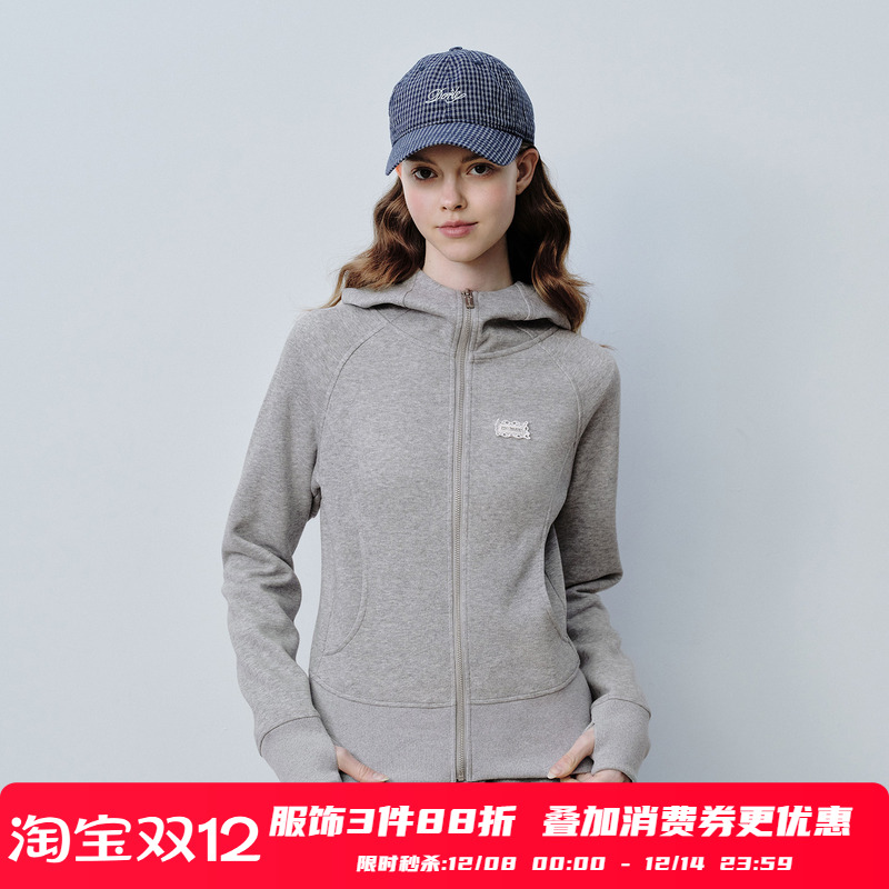 PSO Brand女装条纹半高领修身连帽灰色卫衣女款休闲开衫外套潮牌