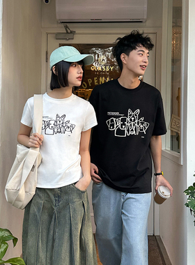 PSO Brand男装女装纯棉线条涂鸦小狗短袖女T恤夏季情侣装半袖潮牌