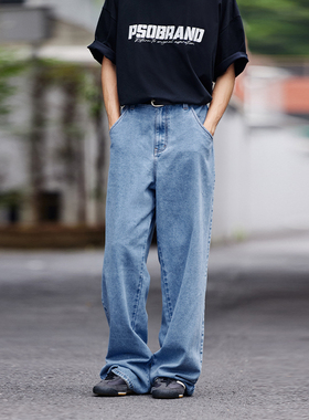 PSO Brand男装女装11.5盎司蓝色牛仔基础直筒阔腿宽松长裤百搭