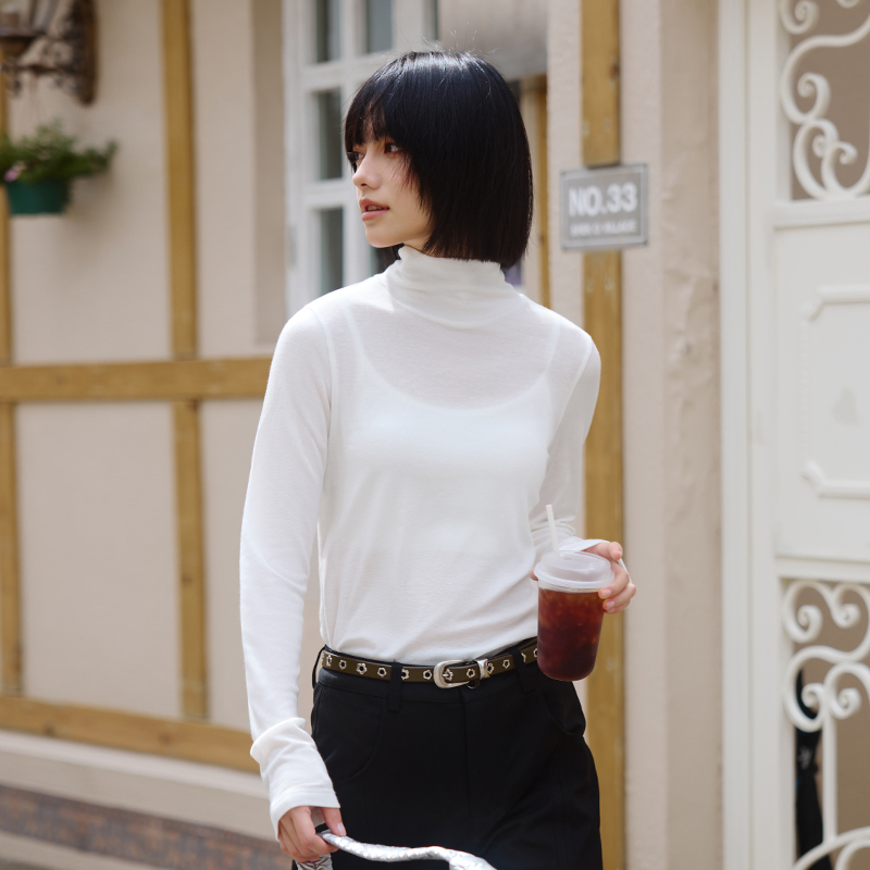 PSO Brand女装180克弹力薄款微透针织修身高领长袖打底衫内搭上衣