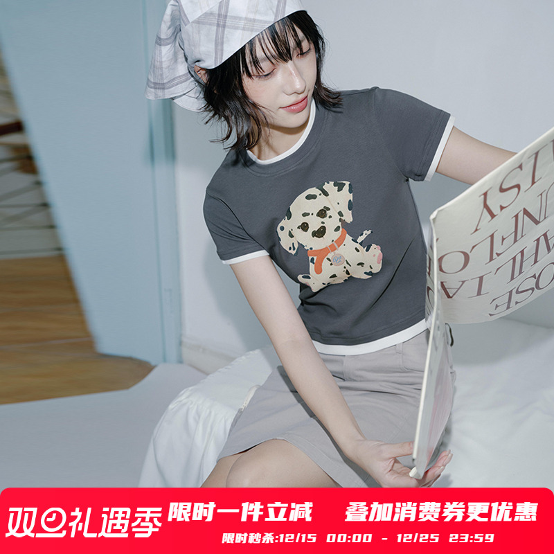 PSO Brand女装T恤小狗家族假两件可爱风趣味弹力针织圆领短袖上衣