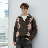 Brand男装 女装 菱格提花V领宽松女士毛衣外套休闲针织衫 PSO 情侣装