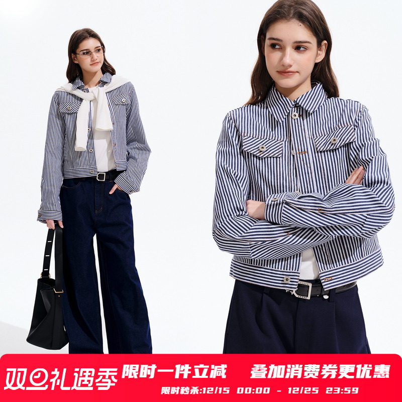 PSO Brand女装色织竖条纹翻领休闲女士短外套修身显瘦夹克潮牌