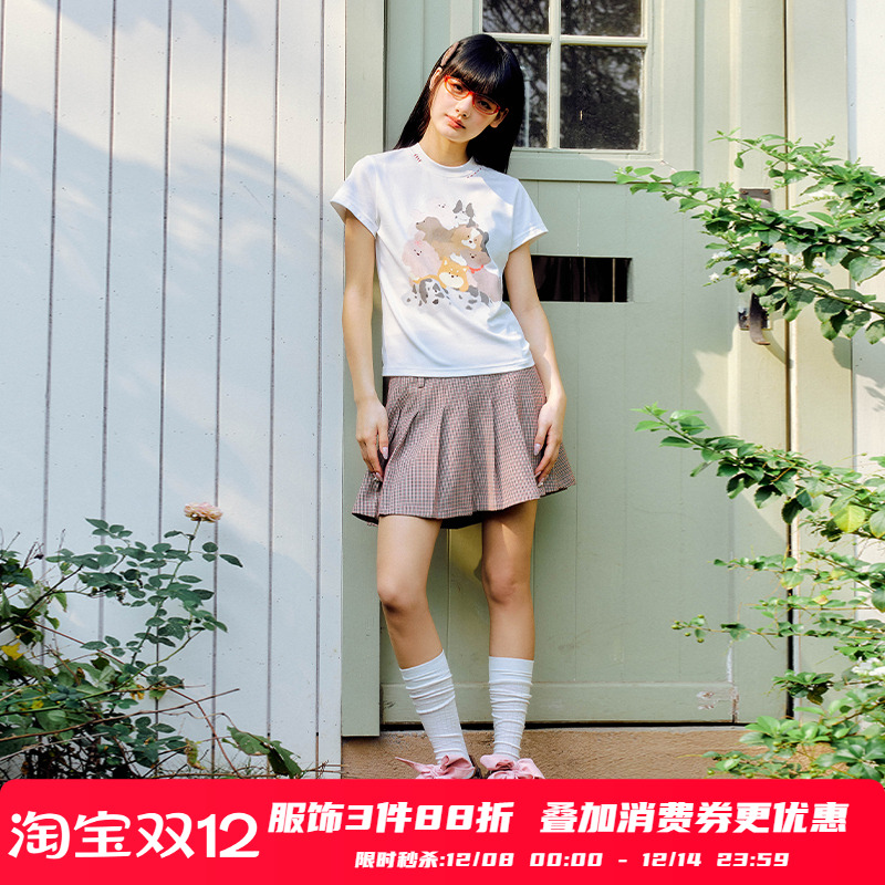 PSO Brand女装棉罗纹弹力叠叠乐可爱小狗正肩短袖T恤修身显瘦上衣