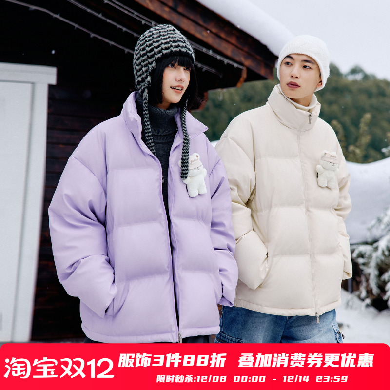 PSO Brand男装女装雾面哑光PU皮90绒可爱小熊魔术贴羽绒服外套