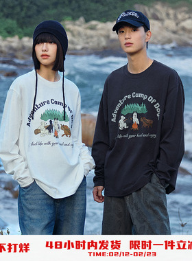 PSO Brand男装女装单纱针织野炊小狗圆领长袖T恤内搭打底衫单穿