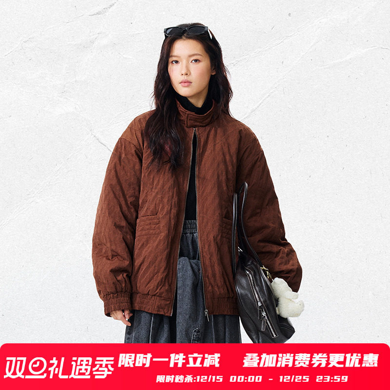 PSO Brand男装女装浅咖棕肌理感拼接立领棉服外套保暖棉衣上衣