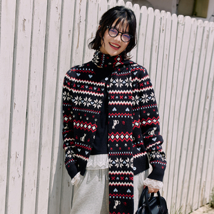 复古费尔岛提花围巾两件套针织开衫 女装 毛衣外套保暖秋 Brand PSO