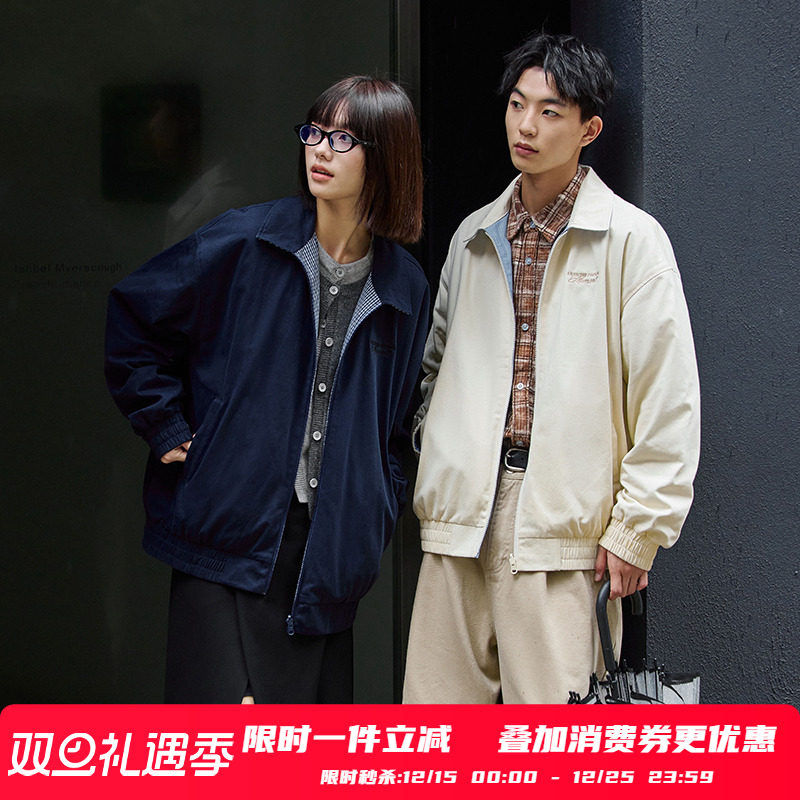 PSO Brand男装女装双面穿翻领纯色拉链夹克外套男宽松格子上衣潮