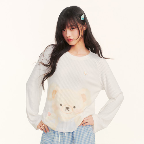 PSO Brand女装奶芙小熊甜美弹力圆领坑条长袖上衣微宽松女t恤秋季