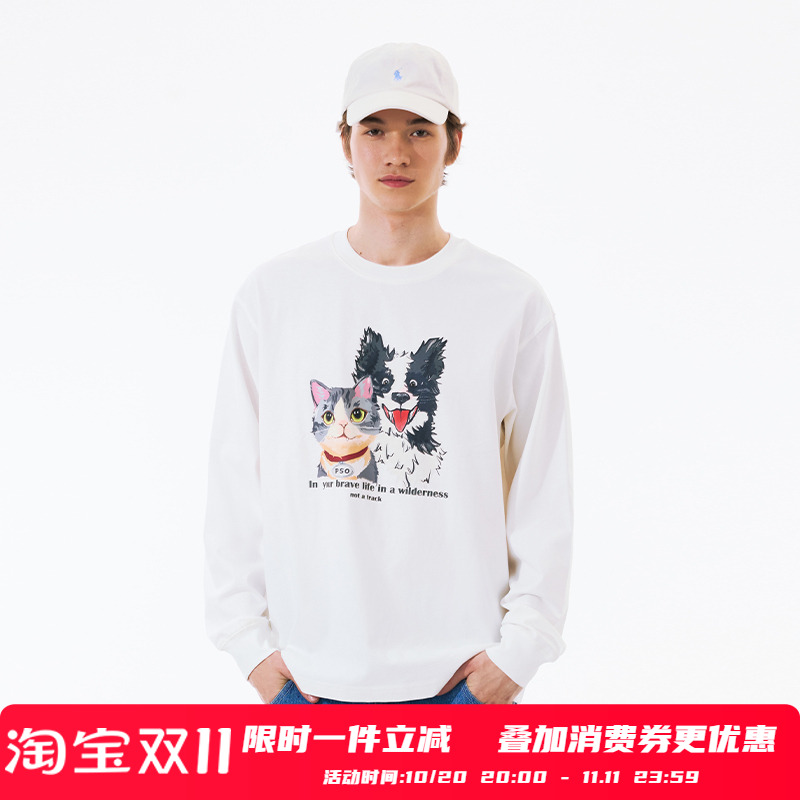 PSO Brand男装女装针织可爱猫狗圆领长袖T恤外穿春体恤宽松休闲