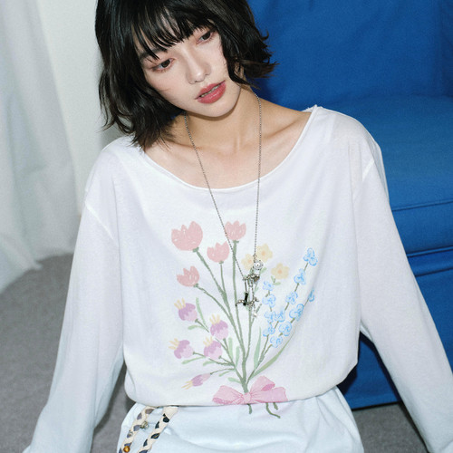 PSO Brand女装手绘蝴蝶结花花透气斜肩上衣薄款宽松长袖T恤罩衫潮