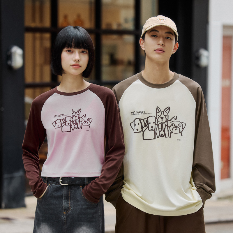 PSO Brand男装女装涂鸦小狗撞色插肩圆领长袖上衣宽松秋纯棉体恤