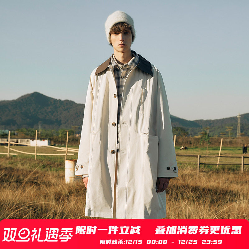 PSO Brand男装女装奶油卡其色复古撞色翻领中长款风衣外套高级