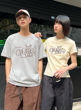 PSO Brand男装女装线条涂鸦小狗短袖男重磅纯棉T恤夏情侣半袖上衣