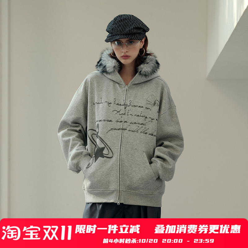 PSO Brand 男装女装美式Vintage标语可拆卸毛领抓绒连帽卫衣外套