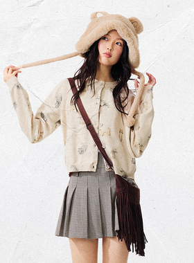 PSO Brand女装仿兔绒包芯纱满幅薄款可爱小猫短开衫外套毛衣百搭