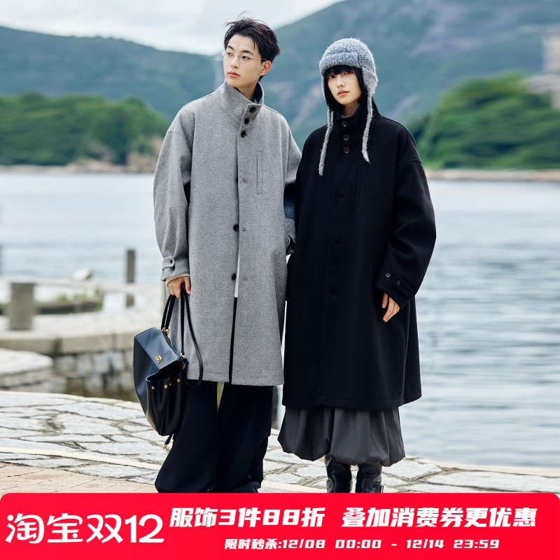 PSO Brand男装女装呢子中长款宽松立领黑色大衣仿呢情侣外套秋冬